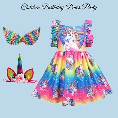 7 Years Old Kid Birthday Dress Party Pony Unicorn Rainbow Print Girl Dress Party • $45.60