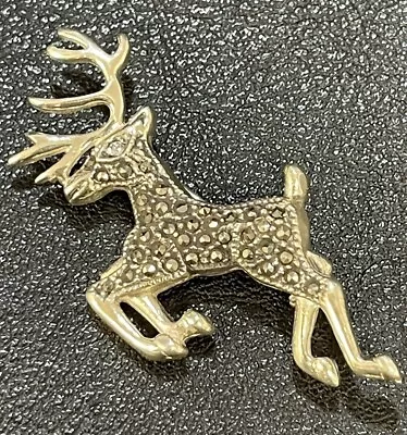 Vintage Sterling Silver Marcasite Cubic Zirconia Eye Reindeer Brooch Pin 925 • $17.99