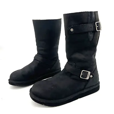 $95 • Buy UGG Women’s 10 KENSINGTON Boots Black Leather Sheepskin Buckle Logo 5678 Tall