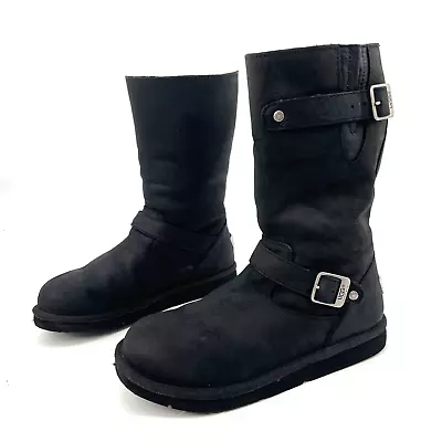 UGG Women’s 10 KENSINGTON Boots Black Leather Sheepskin Buckle Logo 5678 Tall • £82.04