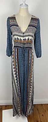 BOHO Indian Hippie Geometric Long Sleeve Maxi High Split Button Up Dress Sz M • $49.97