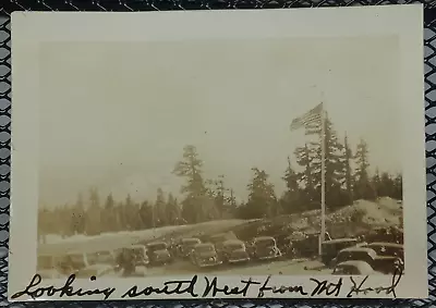 1920's Mt. Hood Oregon Looking South Cars Parking Lot Flag Antique Photo 1930's • $8.10