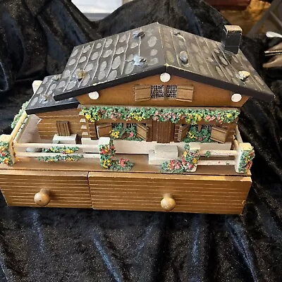 Vintage  Swiss Chalet Music Jewelry Box Wooden House Japan For Repair READ • $8