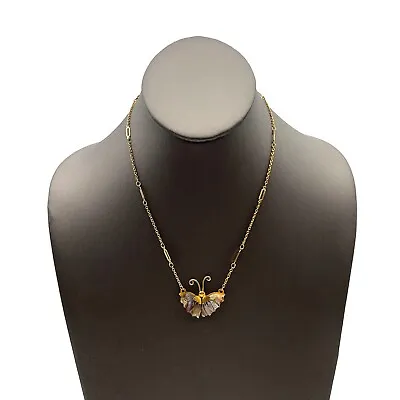 Vintage Gold Tone Cable Oval Station Abalone Butterfly Pendant Fashion Necklace • $21.59