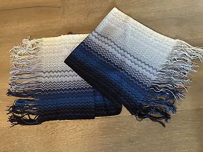 MISSONI Blue SHARKTOOTH Wool/acrylic Blend Long FRINGED Scarf Authentic / New • $62.99