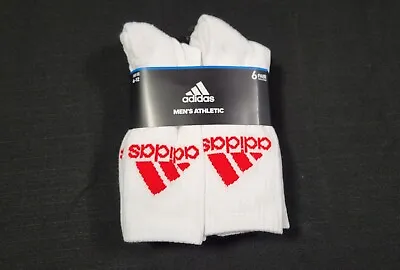 Adidas Mens  Sports Training Athletic Crew Socks 6 Pairs  SZ 6-12 White Red • $24.29