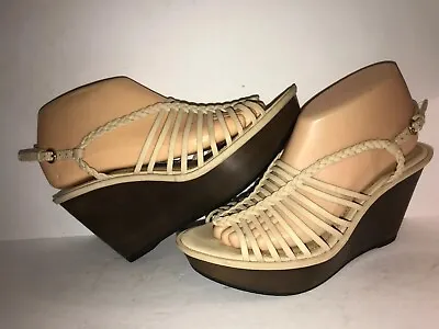 B Makowsky Sz 8 Tan Leather Braided Slingback Wedge Heel Women Pumps Ws11-7-6 • $23.81