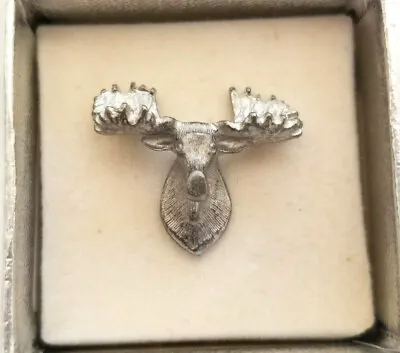 Moose Head Tie Tac Pin Brooch W Antlers Silver Tone 3D 3.9 Grams In Original Box • $9.99