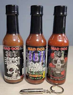 Lot Of 3 Mad Dog 357 Hot Sauces Pure Ghost Ghost Pepper & Reaper Sriracha • $19.99