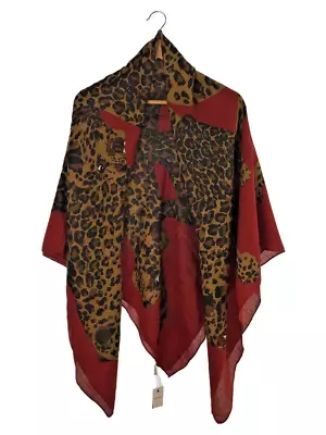 YVES SAINT LAURENT Leopard Large Scarf Wool Silk Blend Bordeaux Brown • £104.23