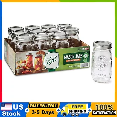 Ball Regular Mouth 16oz Pint Mason Jars With Lids & Bands 12 Count Mason Jars • $19.99