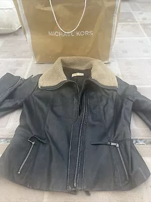 Michael Kors Women Genuine Leather Sherpa Collar Black Bomber Jacket X-Large 16 • $118.20