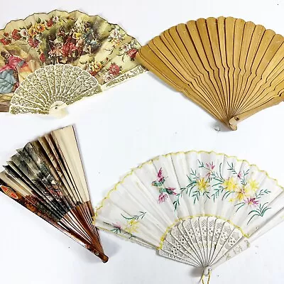 Lot Of 4 Vintage Folding Hand Fan Oriental/Chinese Wooden Plastic Travel Decor • $19.77