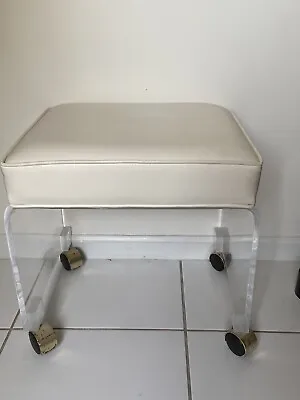 Mid-century Modern Lucite Vanity Stool On Casters White Vinyl Corded Seat • $475