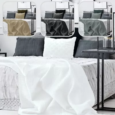 £14.50 • Buy Large Cotton Waffle Weave Blanket Grey White Waffle Knit Throw Soft Bedspread