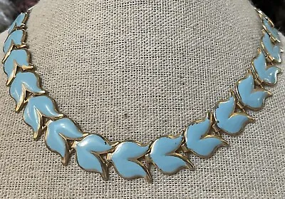 Light Blue Enamel Tulip NECKLACE Gold Tone 15.5” Spring Robins Egg Blue Vintage • $25.99