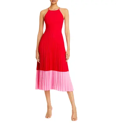 Aidan X Aidan Mattox Pleated Halter Midi Dress Size 0 Color Block Pink Red • $55