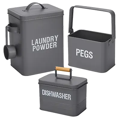 3 Pc Laundry Kitchen Storage Tin Peg Detergent Container Metal Canister Set Grey • £11.99