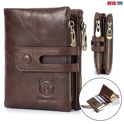 Retro Men Wallet Genuine Leather RFID Zipper Handmade Bifold W/ Zip Coin Pocket • £14.99