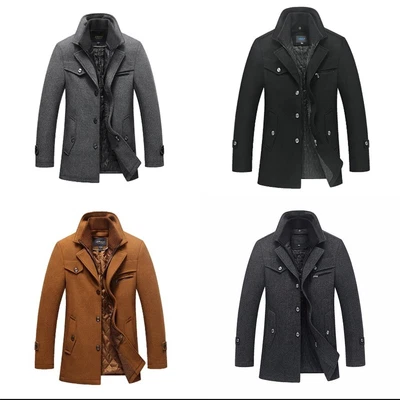 £14.99 • Buy Men Boys Winter Padded Wool Blends Jacket Coat Quilted Lining Button Warm Thick