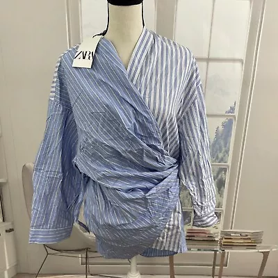 ZARA NEW WOMAN ASYMMETRIC CROSSOVER POPLIN SHIRT STRIPED BLUE Oversized XS • $56.45