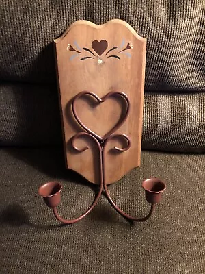 Wooden Wall Double Candle Holder With Painted Heart And Rod Iron Holder • £21.20