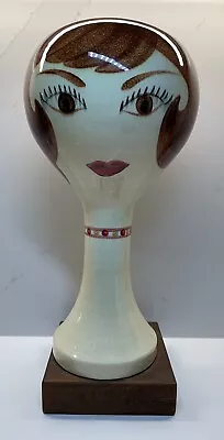 Vintage MCM STANGL Art Pottery Mannequin Head Hat Wig Rare Stand Wood Base 60s • $344.99