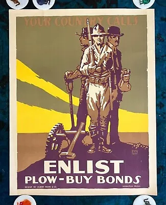 WWI WW1 Original War Poster Enlist Plow Buy Bonds Recruit Farmer Victory Garden • $575