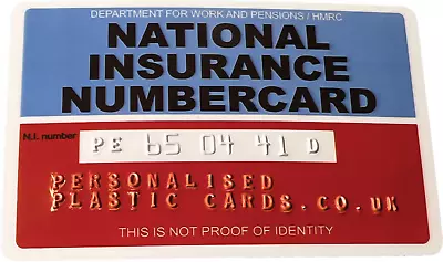 Embossed Replacement National Insurance NI Number Card Plastic CR80 85 X 54mm Fo • £5.39