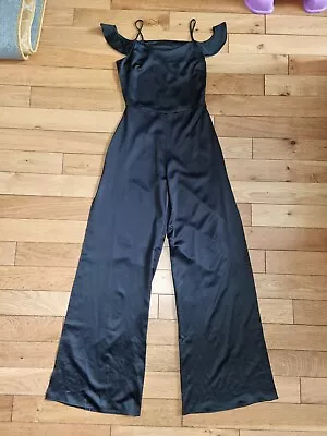 *missguided* Gorgeous Black Silky Cold Shoulder Wide Split Leg Jumpsuit Bnwt • £2.99