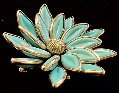 Vintage 2” Trifari Alfred Phillipe Turquoise Blue Molded Glass Flower Brooch • $49