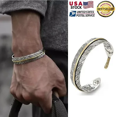 Retro Men's Silver Feather Adjustable Bangle Cuff Bracelet Fashion Jewelry USA • $8.29