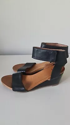 EOS Black Leather Wedge Sandals Sz 38 • $20