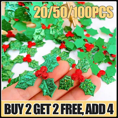 100PCS Christmas Mini Holly Berry Leaves Glitter Embellishments DIY Craft Decor • £2.23