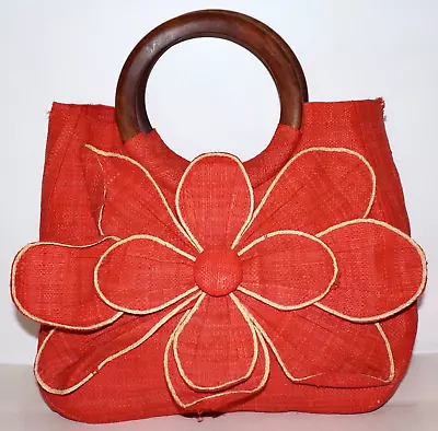 Vintage MAR Y SOL Coral Red Woven Raffia Wood-Handled Handbag DAMAGE • $29.99