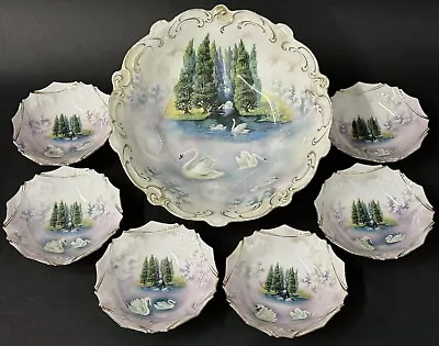 Antique RS Prussia Swimming Swans Pine Tree Large Serving Berry Bowl 7 Pc Set • $695