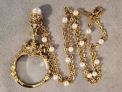 Huge Gold Tone 1928 Magnifying Glass Necklace Pearl Accents Signed • $55