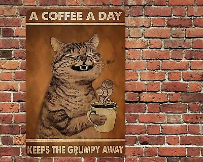 A Coffee A Day Grumpy Away Cat Metal Aluminum Sign 8 X12  Funny Kitchen Retro • $12.75