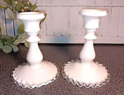 Vintage Fenton White Milk Glass Silver Crest Candlesticks 6  Candle Holder Set 2 • $21.98