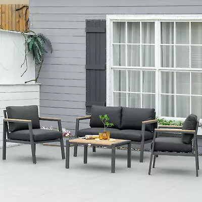 4pc Outdoor Furniture Set Sofa 2 Chairs Coffee Table Cushions Dark Grey • $499.99