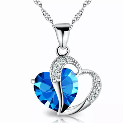 925 Silver 20  Necklace Pendant Mom Heart Love Blue Crystal Women Valentine • $14.88