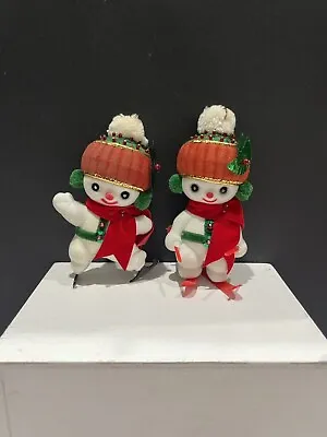 Vintage Flocked Snowman Ornaments Skater Skier Push Pin Sequin Beaded  5  • $19.84