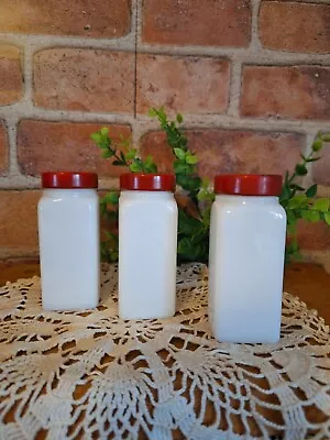 Set Of 3 Vntg. Milk Glass Spice Jars With Red Metal Lids Retro Kitchen... • $16.95