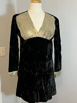 1960 Black Crushed Velvet Gold Sequins Mini Dress Mr. Mort  Sz 5 Stan Herman • $47.50