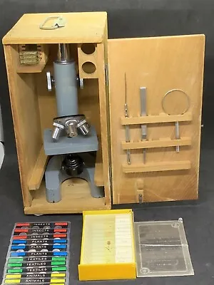 VINTAGE KAYBEE MICROSCOPE W/ WOODEN BOX ￼ACC  Tools And Lots Of Slides! • $19