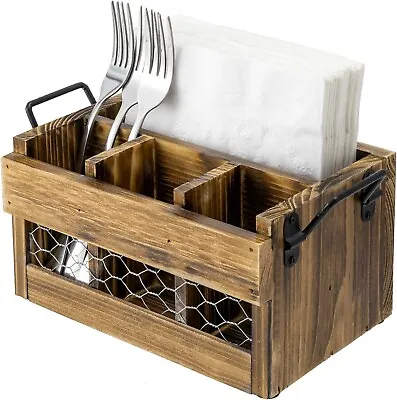 Dining Flatware Cutlery Storage Caddy Wood Utensil Holder And Napkin Rack • $27.99