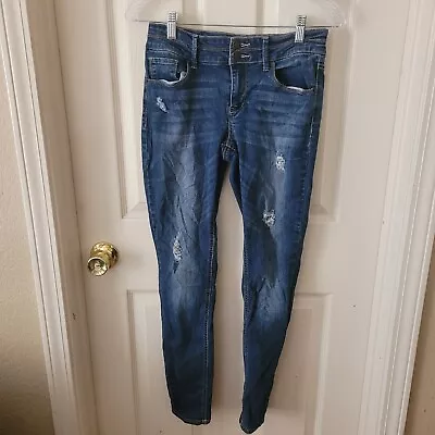 Mudd Womens Girls Blue Denim Jeans Double Button Distressed Sz 16 Reg #245 • $10