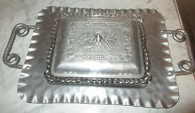 Vintage Cromwell Hammered Aluminum Serving Tray W/ Lidded Glass Insert • $19.99