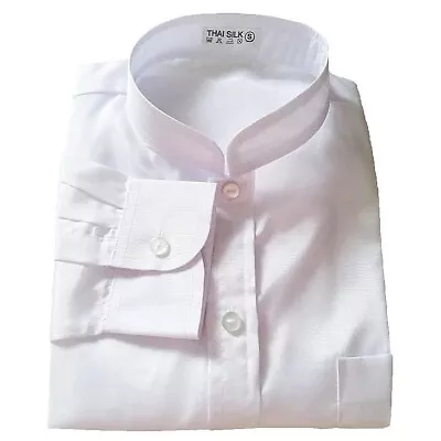 Men's Long Sleeve Mandarin Collar Shirt White Thai Silk Casual Dress / Small-3XL • $16.95