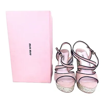 Miu Miu Suede Nude Pink Glitter Platform Wegde Peep Toe Strappy Shoes Size UK6.5 • £45